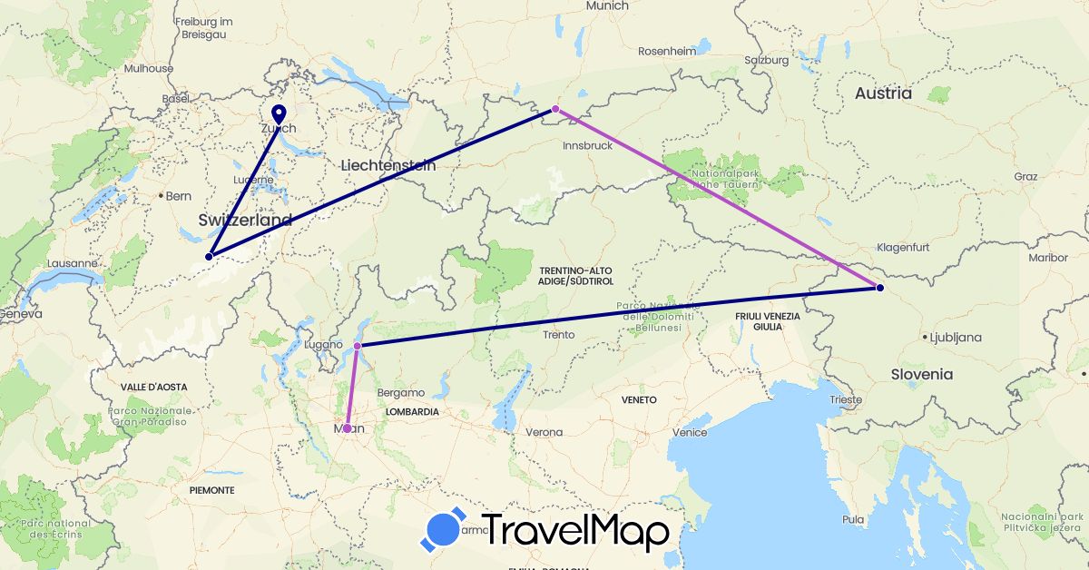 TravelMap itinerary: driving, train in Switzerland, Germany, Italy, Slovenia (Europe)